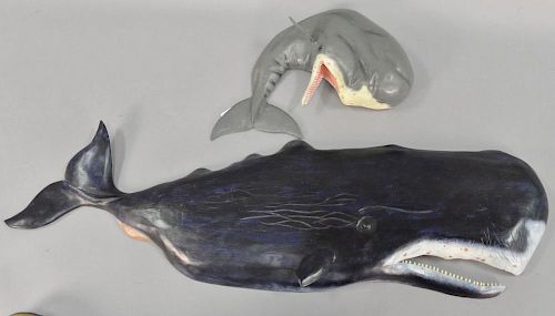 Two Gallagher carved wall sculptures of whales, "Moby-Dick or the Whale" and "There She Blows", carved and painted, signed Ga