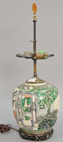 Large Chinese porcelain ginger jar having painted interior and courtyard scene made into a table lamp. ht. 25in.
