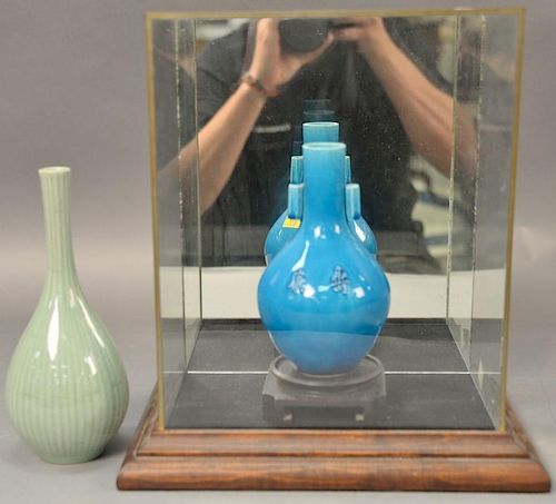 Two small glazed Asian vases to include Chinese blue glazed bottle vase with handles marked on bottom and a Korean celadon gl