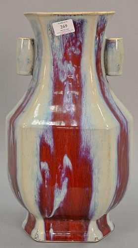 Large Chinese porcelain vase, flambe glazed with hoop ring handles. ht. 17 1/2in.