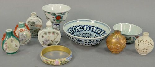 Group of Chinese porcelain to include group of six snuff bottles, bracelet, porcelain stem cup, demitasse tea cup with painte
