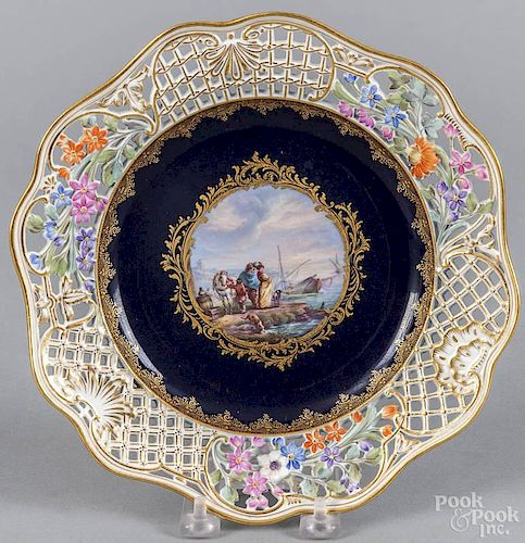 Meissen reticulated porcelain plate with a handpainted coastal scene, 9 1/2'' dia.