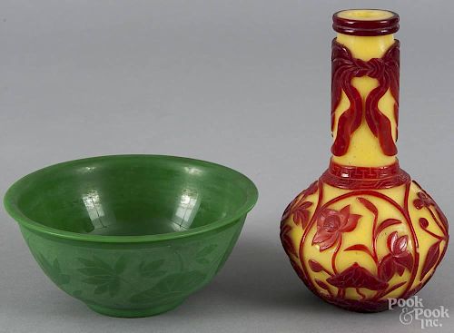 Yellow and red Peking glass vase, 7 3/8'' h., together with an etched green bowl, 2 3/4'' h.