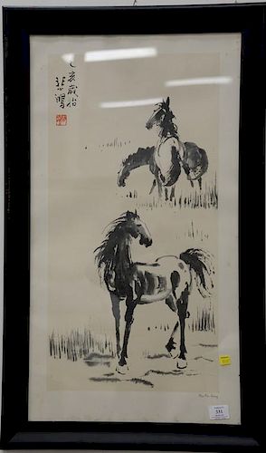 Nine Oriental pieces to include Yoshio Kanamori woodblock of a bird, Hsu-pi-Hung print with three horses, two scroll prints,