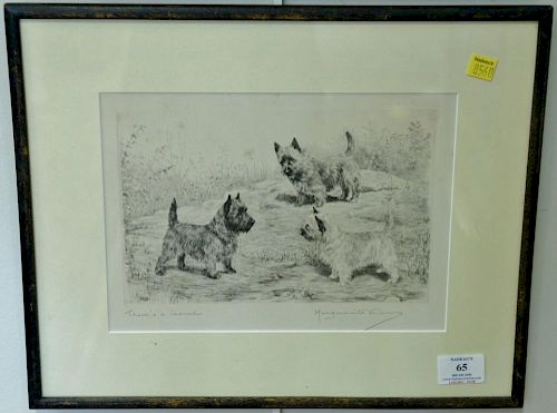 Marguerite Kirmse, etching, Three's a Crowd, signed and titled bottom, plate size 6 1/4" x 9 1/2"