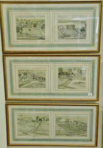 Group of six pairs of Thompson and West California Homestead colored lithograph prints framed and matted