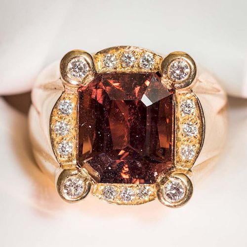 Men's/Women's Rubellite Square Cut and Diamond 14 KT Gold Ring