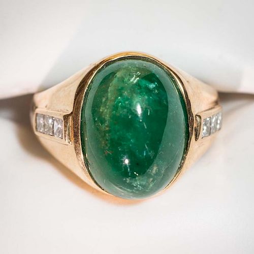 Men's Zambian Cab Emerald and Diamond 14 KT Gold Ring