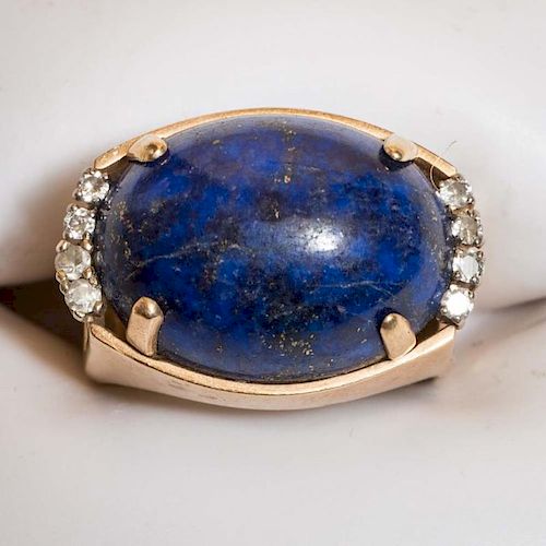 Cab Oval Lapis and Diamond 18 KT Gold Ring