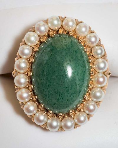 Jade Oval and Seed Pearl 14 KT Gold Ring