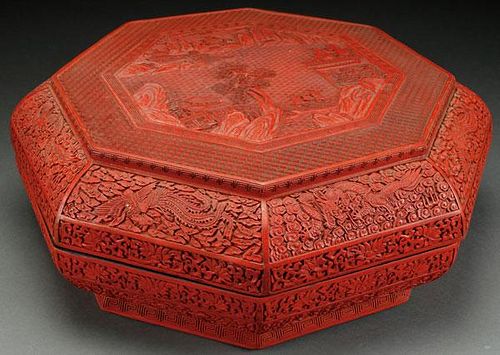 A LARGE AND IMPRESSIVE CHINESE CARVED CINNABAR