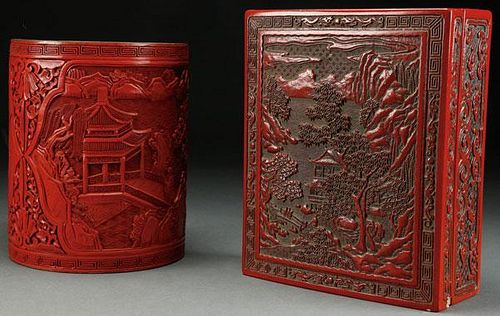 A CHINESE CARVED CINNABAR BRUSH POT AND COVERED