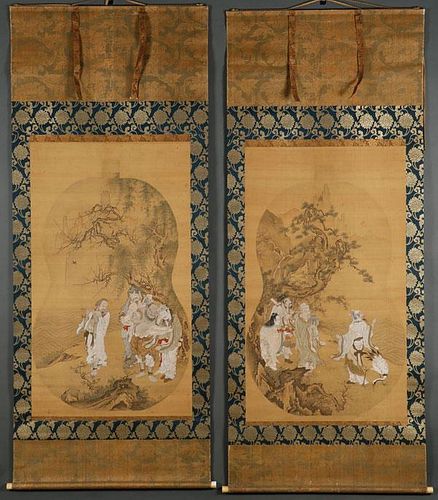 A PAIR OF CHINESE HAND PAINTED SILK SCROLLS, QING