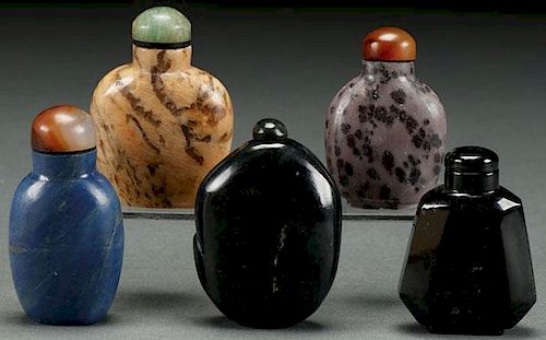 FIVE CHINESE CARVED STONE SNUFF BOTTLES