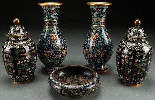 FIVE PIECE GROUP OF CHINESE ENAMELED CLOISONNÉ