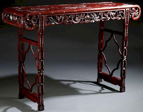 A GOOD CHINESE EXPORT CARVED MAHOGANY AND MOTHER