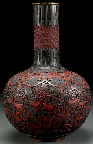 A CHINESE TWO COLOR CARVED CINNABAR BOTTLE VASE