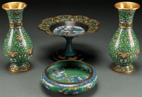 A FOUR PIECE GROUP OF CHINESE ENAMELED CLOISONNÉ