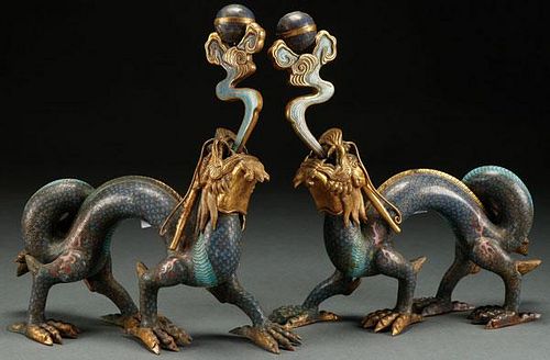 TWO CHINESE CLOISONNÉ GILT BRONZE DRAGONS