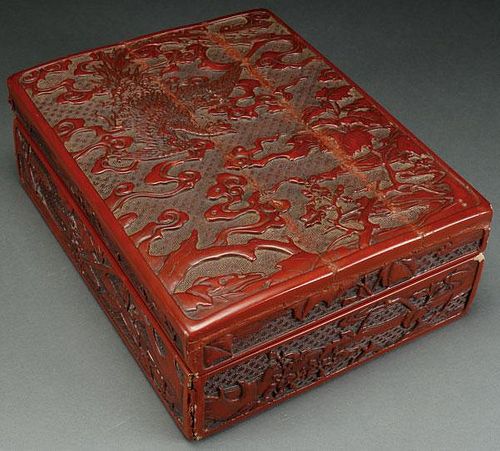 A CHINESE CARVED CINNABAR LACQUER LIDDED BOX