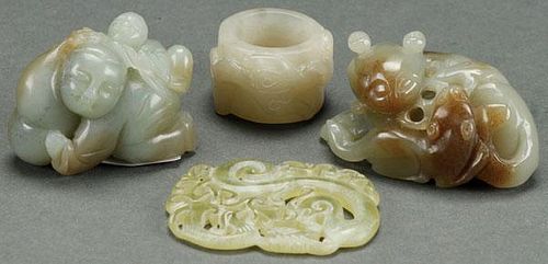 THREE CHINESE CARVED JADE FIGURES AND ORNAMENT