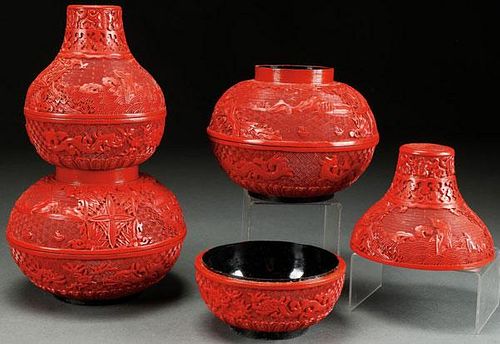 A PAIR OF CHINESE CARVED CINNABAR RED LACQUER