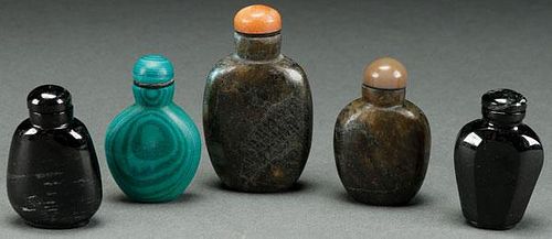 FIVE CHINESE CARVED STONE SNUFF BOTTLES