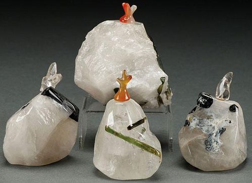 FOUR CHINESE CARVED TOURMALINE AND QUARTZ SNUFF