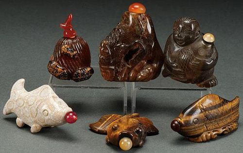SIX CHINESE CARVED STONE SNUFF BOTTLES
