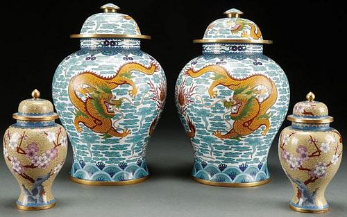 FOUR CHINESE ENAMELED BRONZE COVERED JARS