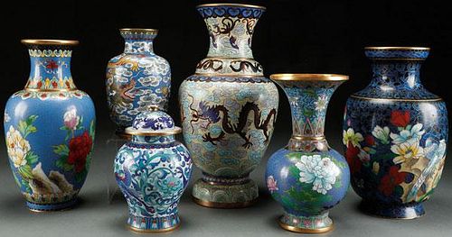A SIX PIECE GROUP OF CHINESE ENAMELED CLOISONNÉ