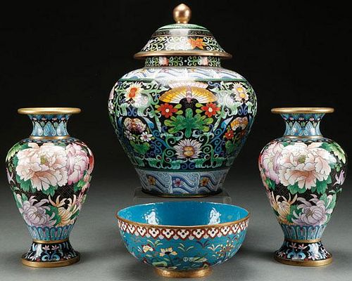 A FOUR PIECE GROUP OF CHINESE ENAMELED CLOISONNÉ