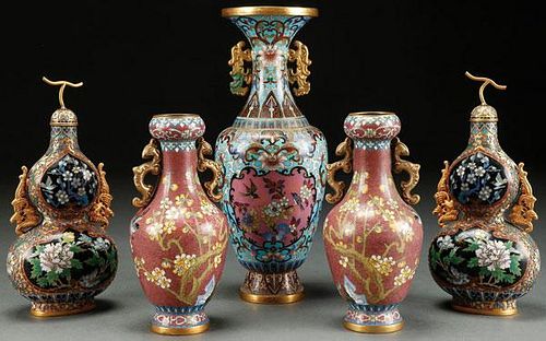 A  VERY FINE 5 PIECE GROUP OF CHINESE CLOISONNE