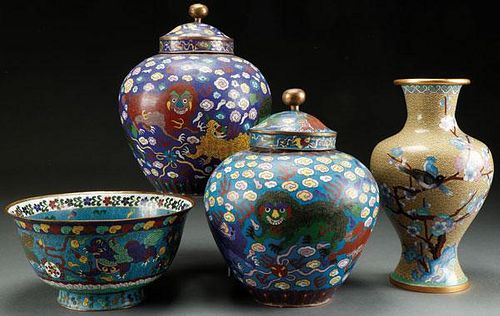 A FOUR PIECE GROUP OF CHINESE CLOISONNÉ ENAMELED