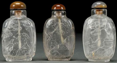 THREE CHINESE CARVED ROCK CRYSTAL SNUFF BOTTLES