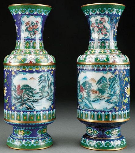 A PAIR OF CHINESE CLOISONNÉ SCENIC ENAMELED VASES