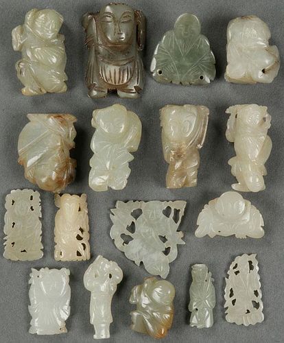 A GROUP OF 17 CHINESE CARVED JADE ORNAMENTS