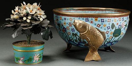 A CHINESE CLOISONNÉ ENAMELED AND GILT BRONZE FISH
