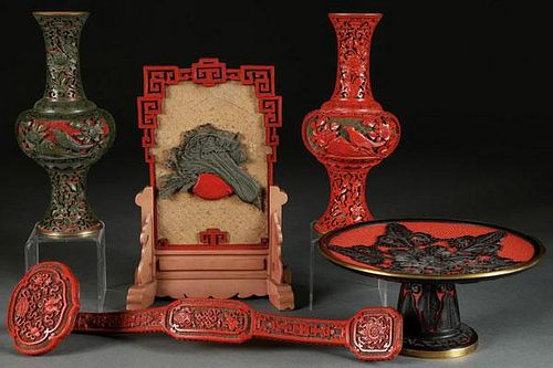 A FIVE PIECE GROUP OF CHINESE CARVED CINNABAR