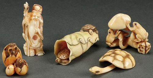 A GROUP OF FIVE CHINESE CARVED IVORY NETSUKE