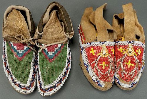 TWO PAIRS OF PLAINS BEADED AND QUILLED MOCCASINS