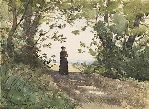 Henri Joseph Harpignies, (French, 1819-1916), Woman Walking on a Wooded Path, 1880