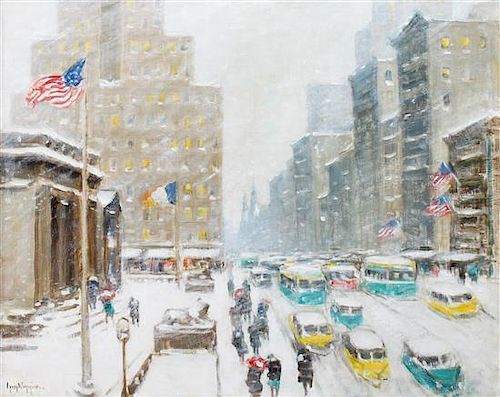 Guy Wiggins, (American, 1883-1962), 5th Ave at the Library