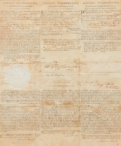 * WASHINGTON, George (1732-1799) and Thomas JEFFERSON (1743-1826) Three-language ship's papers, 1795, SIGNED.