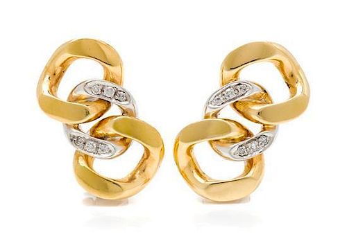 A Pair of 18 Karat Bicolor Gold and Diamond Link Motif Earclips, Pomellato, 13.80 dwts.