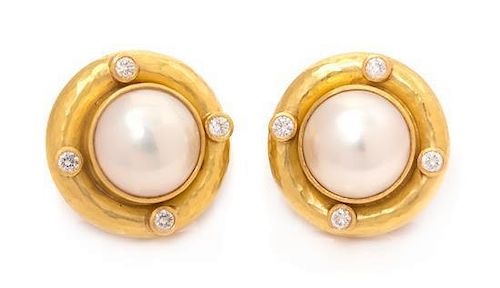* A Pair of 18 Karat Yellow Gold, Diamond and Mabe Pearl Earclips, Elizabeth Locke, 12.10 dwts.