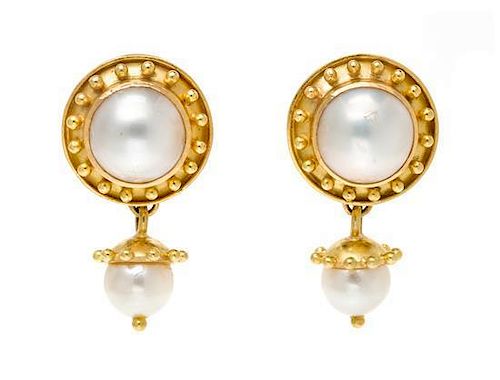 * A Pair of 18 Karat Yellow Gold, Cultured Pearl and Mabe Pearl Drop Earclips, Elizabeth Locke, 11.20 dwts.