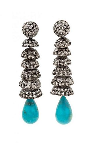 A Pair of Gilt Silver, Diamond and Turquoise Dangle Earrings, 21.00 dwts.