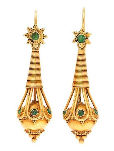 A Pair of Yellow Gold and Emerald Pendant Earrings, 8.30 dwts.