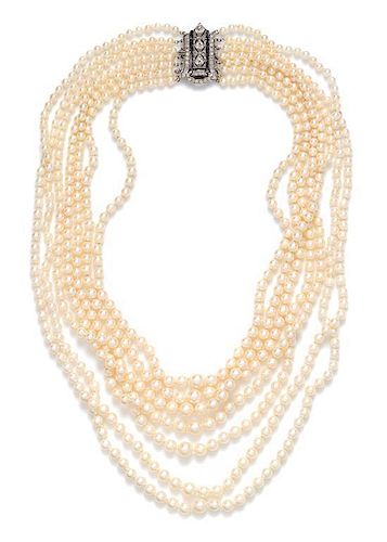 A Platinum, Diamond and Graduated Cultured Pearl Multistrand Necklace,